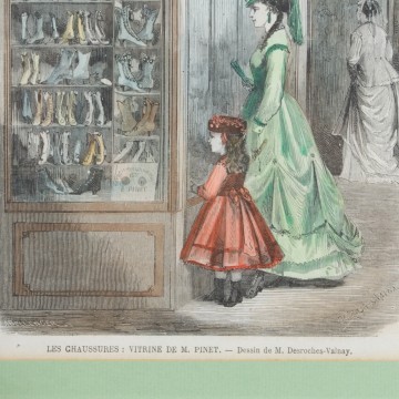 Antigua litografía coloreada Les Chaussures