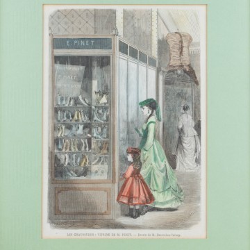 Antigua litografía coloreada Les Chaussures
