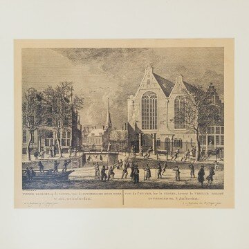 Litografía de Ámsterdam, escena invernal frente a la Iglesia Oude Kerk