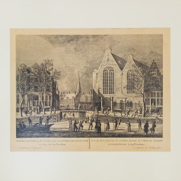 Litografia d'Amsterdam, escena hivernal davant de l'Església Oude Kerk